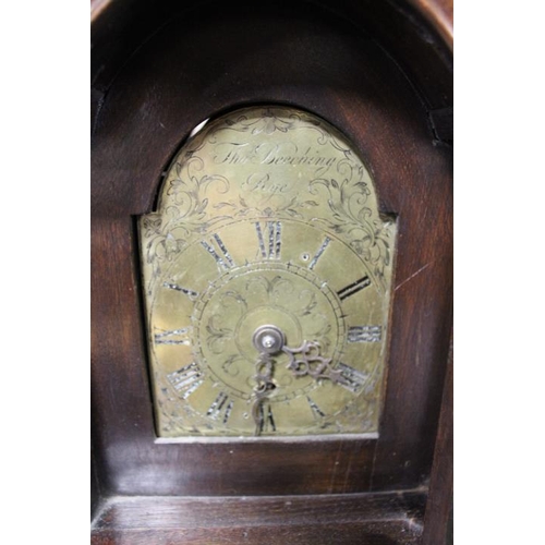 901 - AN EARLY 20TH CENTURY SMALL WALNUT CASED GRAND DAUGHTER CLOCK, having arched brass dial bearing name... 