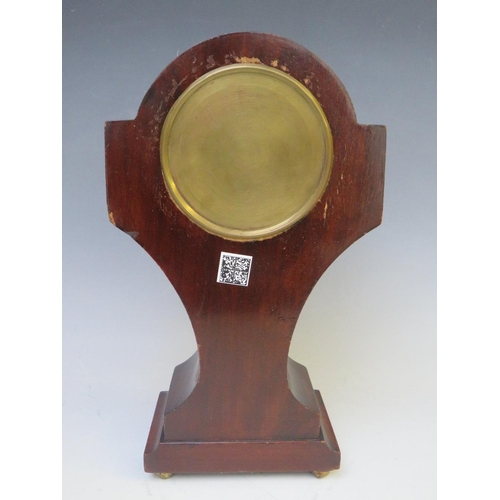 903 - AN EDWARDIAN MAHOGANY AND INLAID MANTLE CLOCK, with French movement, standing on four small gilt bun... 