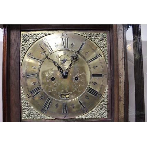 907 - A 19TH OAK CASED BRASS FACED EIGHT DAY LONGCASE CLOCK, the dial with subsidiary seconds dial and dat... 