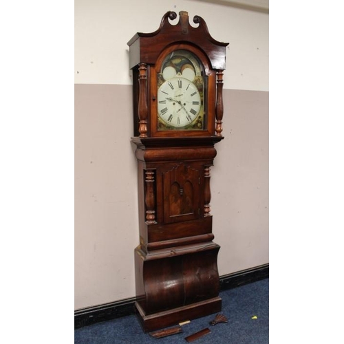 908 - A MID VICTORIAN MAHOGANY CASED EIGHT DAY LONGCASE CLOCK WITH MOON ROLLING MECHANISM, the painted fac... 