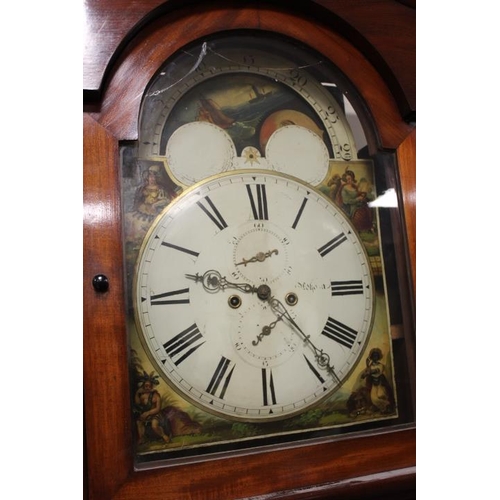 908 - A MID VICTORIAN MAHOGANY CASED EIGHT DAY LONGCASE CLOCK WITH MOON ROLLING MECHANISM, the painted fac... 