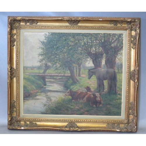 93 - ALBERT CAULLET (1875-1950). Belgian school, study of a horse and cattle resting by a tree lined rive... 