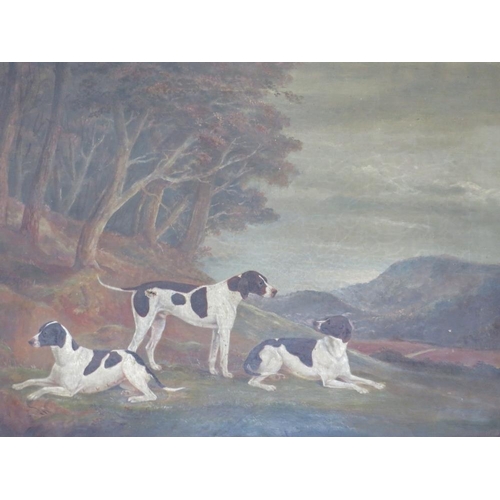 94 - W. CHAPMAN. Study of three hounds in a wooded mountainous landscape, signed and dated 1877 verso, oi... 
