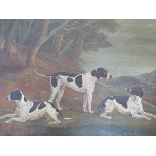 94 - W. CHAPMAN. Study of three hounds in a wooded mountainous landscape, signed and dated 1877 verso, oi... 