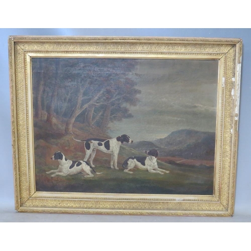 94 - W. CHAPMAN. Study of three hounds in a wooded mountainous landscape, signed and dated 1877 verso, oi... 