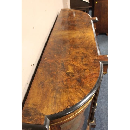 951 - A VICTORIAN WALNUT CROSSBANDED CREDENZA, the single panelled door with a continental oval porcelain ... 