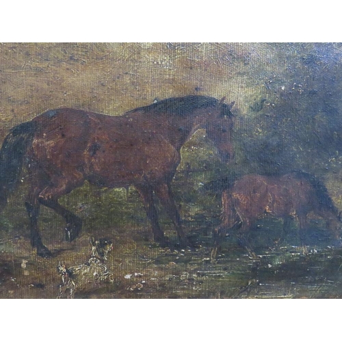 96 - A 19TH CENTURY STUDY OF A HORSE, FOAL AND DOG IN A WOODED LANDSCAPE, unsigned, oil on canvas laid on... 