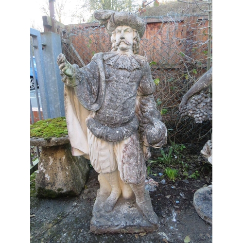 961 - A LARGE STONE STATUE OF A GENTLEMAN IN TRADITIONAL 17TH CENTURY DRESS,  H 141 cm, (Note - Heavy)