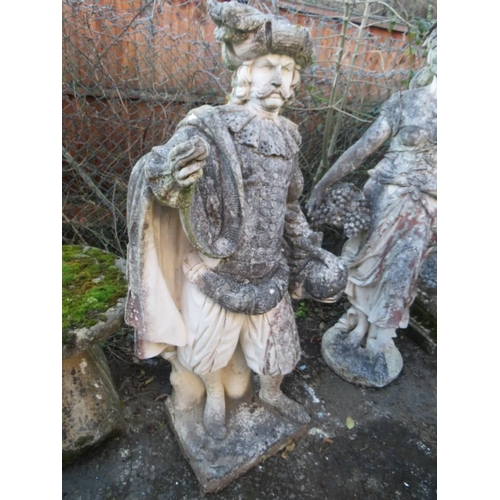 961 - A LARGE STONE STATUE OF A GENTLEMAN IN TRADITIONAL 17TH CENTURY DRESS,  H 141 cm, (Note - Heavy)