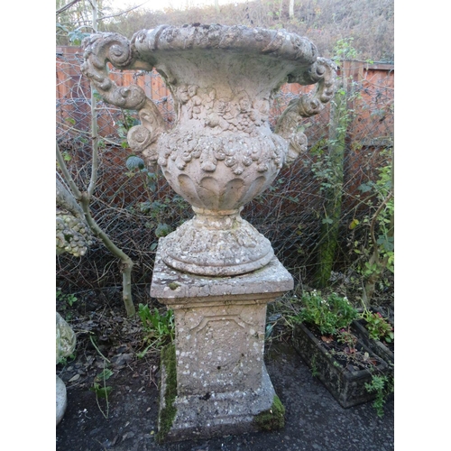 964 - AN UNUSUAL FIBREGLASS ? CLAD TWIN HANDLED BALUSTER URN ON STAND, H 145 cm