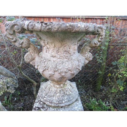 964 - AN UNUSUAL FIBREGLASS ? CLAD TWIN HANDLED BALUSTER URN ON STAND, H 145 cm