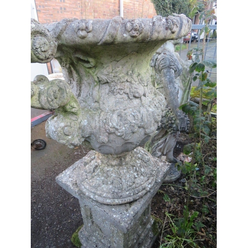 964 - AN UNUSUAL FIBREGLASS ? CLAD TWIN HANDLED BALUSTER URN ON STAND, H 145 cm