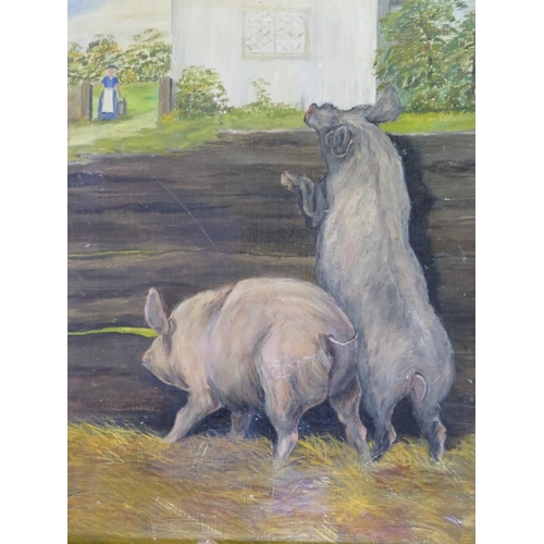 97 - H. WEEKES (XIX). Study of two pigs in a farmyard setting, signed verso, oil on canvas, framed, 24 x ... 