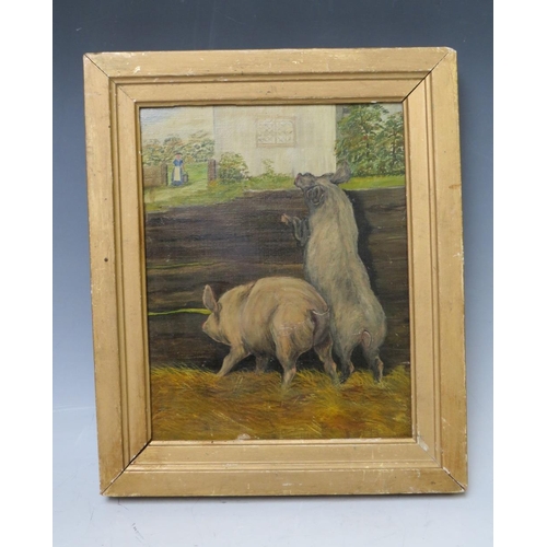 97 - H. WEEKES (XIX). Study of two pigs in a farmyard setting, signed verso, oil on canvas, framed, 24 x ... 