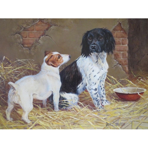 98 - DONNA CRAWSHAW (XX) British school, a study of a Jack Russell and a Springer Spaniel in a farmyard, ... 