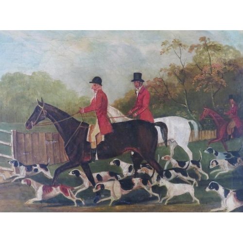 99 - (XIX). British school, huntsmen on horseback with a pack of hounds, unsigned, oil on canvas laid on ... 