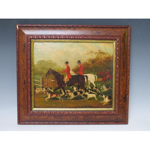 99 - (XIX). British school, huntsmen on horseback with a pack of hounds, unsigned, oil on canvas laid on ... 