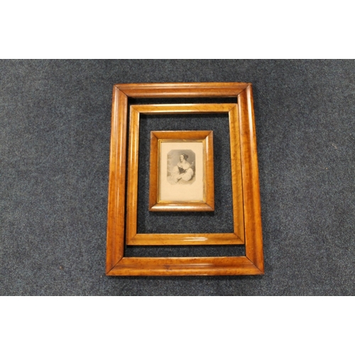 42 - THREE 19TH CENTURY MAPLE PICTURE FRAMES, rebates 23 x 17 cm (glazed), 45 x 34 cm and 60 x 42 cm