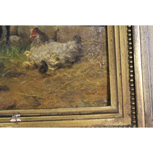 84 - ATTRIBUTED TO CARL JUTZ (1916-1960). Farmyard scene with numerous chickens, signed lower right, oil ... 