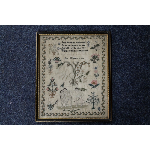 219 - GEORGE III SAMPLER 'ADAM & EVE EXPELLED FROM THE GARDEN OF EDEN', by Ann Bradbury aged 13, 1814, fra... 