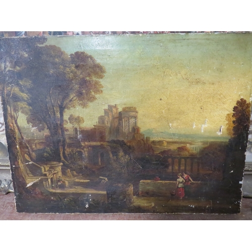 88 - (XVIII-XIX). Continental school, coastal town scene with classical buildings and figures, unsigned, ... 