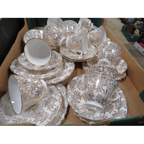 109 - A TRAY OF VALE GILT FLORAL DESIGN CUPS AND SAUCERS ETC