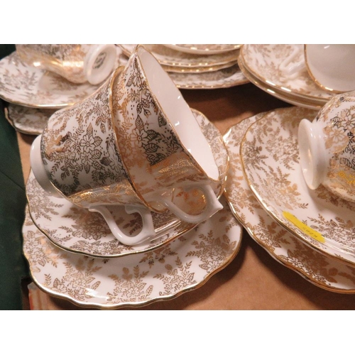 109 - A TRAY OF VALE GILT FLORAL DESIGN CUPS AND SAUCERS ETC