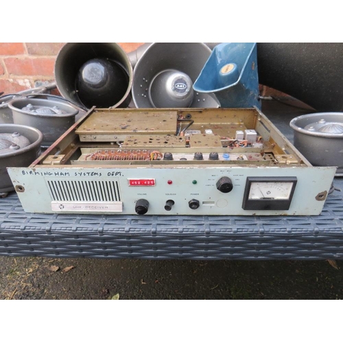 126 - A TRAY OF EXTERNAL HORN SPEAKERS, A PYE TRANSMITTER PLUS A LARGE EXTERNAL HORN SPEAKER