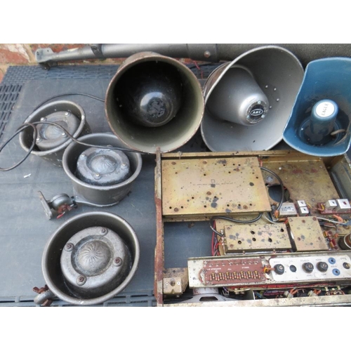 126 - A TRAY OF EXTERNAL HORN SPEAKERS, A PYE TRANSMITTER PLUS A LARGE EXTERNAL HORN SPEAKER