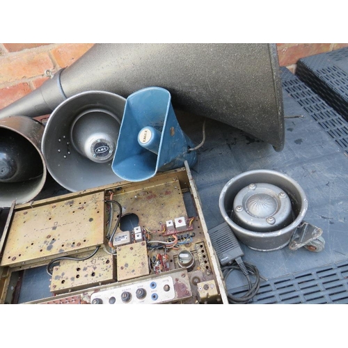 126 - A TRAY OF EXTERNAL HORN SPEAKERS, A PYE TRANSMITTER PLUS A LARGE EXTERNAL HORN SPEAKER