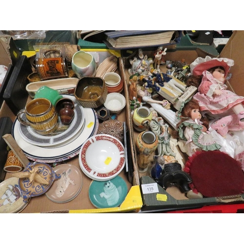 135 - TWO TRAYS OF ASSORTED CERAMICS TO INCLUDE FIGURINES, DOLLS ETC