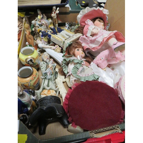 135 - TWO TRAYS OF ASSORTED CERAMICS TO INCLUDE FIGURINES, DOLLS ETC