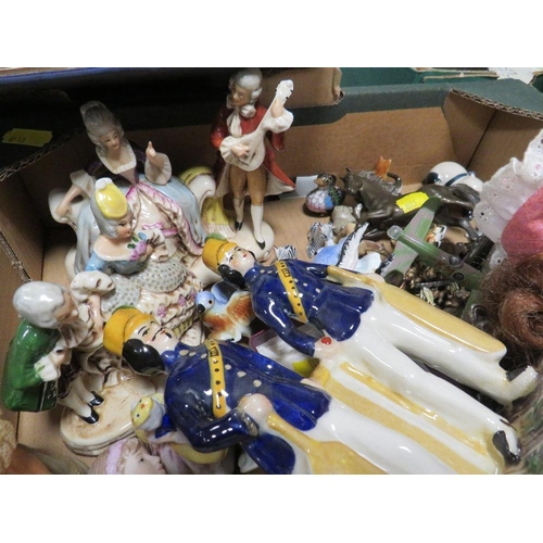 135 - TWO TRAYS OF ASSORTED CERAMICS TO INCLUDE FIGURINES, DOLLS ETC