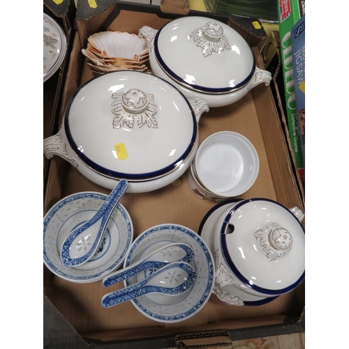 138 - TWO BOXES OF CERAMICS TO INCLUDE RIDGEWAY WHITE MIST CHINA , BLUE WHITE TUREENS ETC