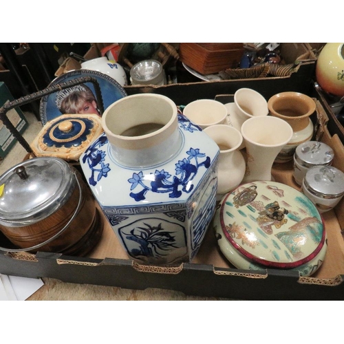 150 - THREE TRAYS OF CERAMICS ETC TO INCLUDE DECORATIVE EWERS, OLD TUPTON STYLE VASE ETC