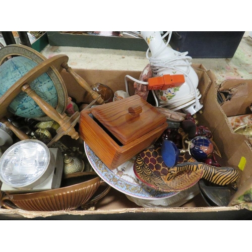 150 - THREE TRAYS OF CERAMICS ETC TO INCLUDE DECORATIVE EWERS, OLD TUPTON STYLE VASE ETC