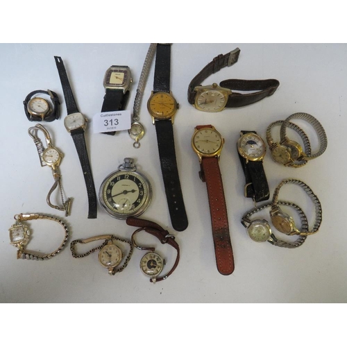 313 - A COLLECTION OF INGERSOLL WRISTWATCHES AND A POCKET WATCH, LADIES AND GENTLEMANS MANUAL & QUARTZ TYP... 