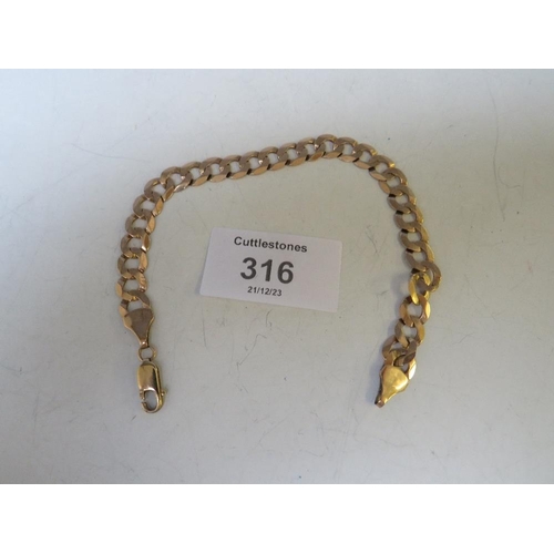 316 - A 9CT GOLD FLAT CURB LINK BRACELET MARKED 375, APPROX WEIGHT 10 G