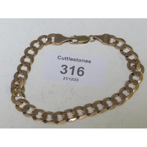 316 - A 9CT GOLD FLAT CURB LINK BRACELET MARKED 375, APPROX WEIGHT 10 G