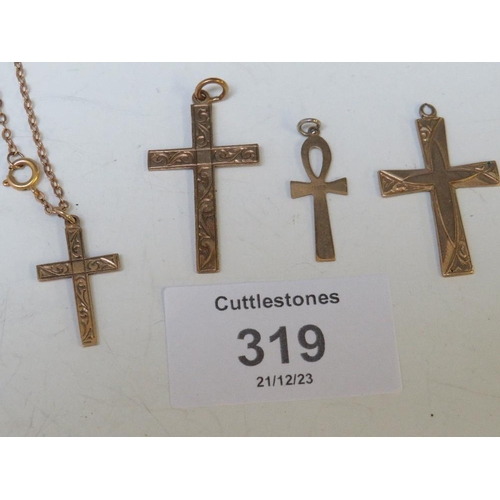 319 - A SMALL QUANTITY OF 9CT GOLD JEWELLERY, TO INCLUDE CRUCIFIXES, EARRINGS ETC., APPROX WEIGHT 12.76 G