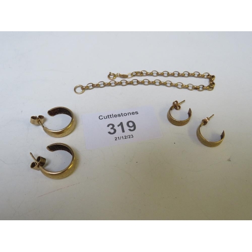 319 - A SMALL QUANTITY OF 9CT GOLD JEWELLERY, TO INCLUDE CRUCIFIXES, EARRINGS ETC., APPROX WEIGHT 12.76 G