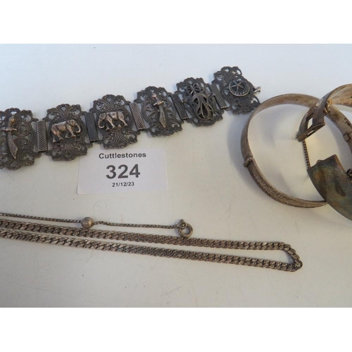 324 - A QUANTITY OF SILVER AND WHITE METAL JEWELLERY TO INCLUDE BRACELETS, BROOCHES, CHAINS ETC (20)