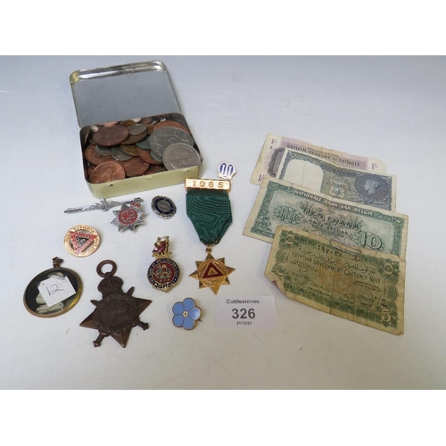 326 - A QUANTITY OF COINS, NOTES, BADGES, MEDALS ETC (20)