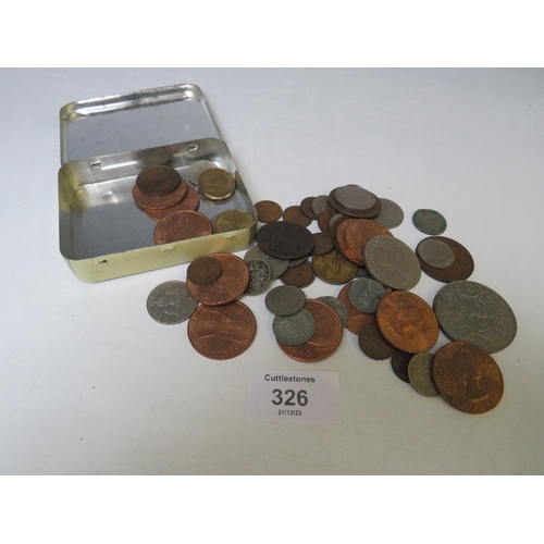 326 - A QUANTITY OF COINS, NOTES, BADGES, MEDALS ETC (20)