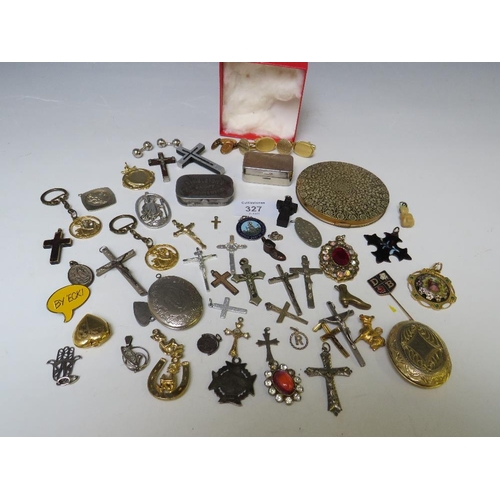 327 - A QUANTITY OF CRUCIFIXES, PENDANTS, BADGES, CUFFLINKS, SNUFF BOXES, COMPACT ETC