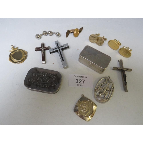 327 - A QUANTITY OF CRUCIFIXES, PENDANTS, BADGES, CUFFLINKS, SNUFF BOXES, COMPACT ETC