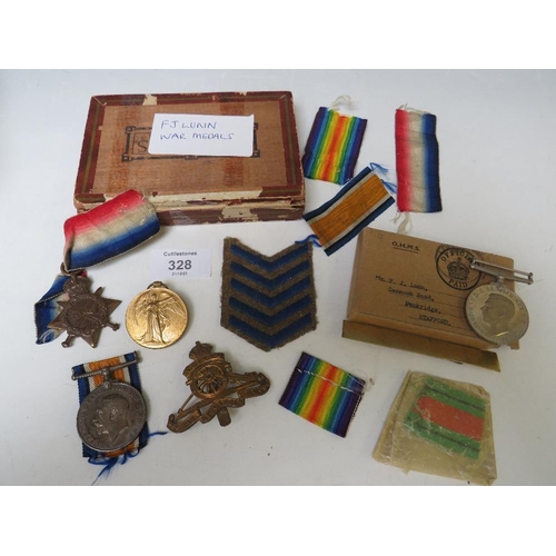 328 - A WWI 1914 / 15 STAR TRIO, MARKED TO 91327 GNR F.J. LUNN RA, ALONG WITH A WWII DEFENCE MEDAL IN POST... 