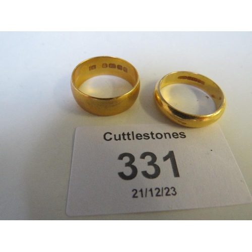 331 - SIX 22 CT GOLD PLAIN WEDDING BANDS, APPROX. W 19 G