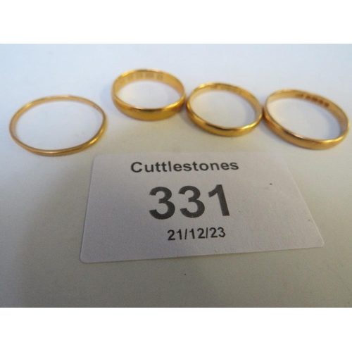 331 - SIX 22 CT GOLD PLAIN WEDDING BANDS, APPROX. W 19 G