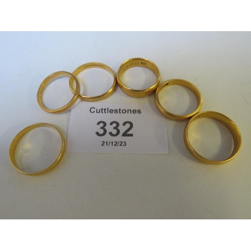 332 - SIX 22 CT GOLD PLAIN WEDDING BANDS, APPROX. W 22 G